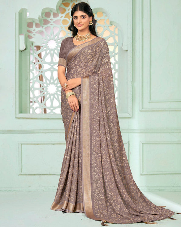 Vishal Prints Light Brownish Grey Criva Crepe Digital Print Saree With Weaved Viscose Patta