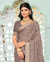 Vishal Prints Light Brownish Grey Criva Crepe Digital Print Saree With Weaved Viscose Patta