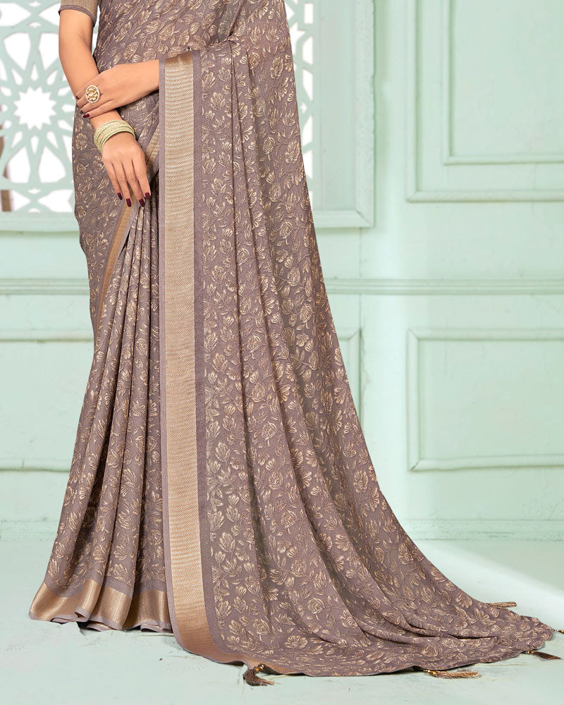 Vishal Prints Light Brownish Grey Criva Crepe Digital Print Saree With Weaved Viscose Patta