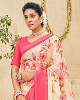 Vishal Prints Light Peach Printed Georgette Saree With Border