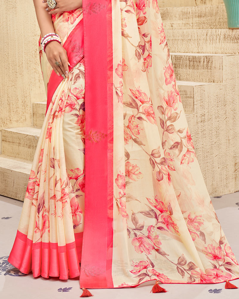Vishal Prints Light Peach Printed Georgette Saree With Border