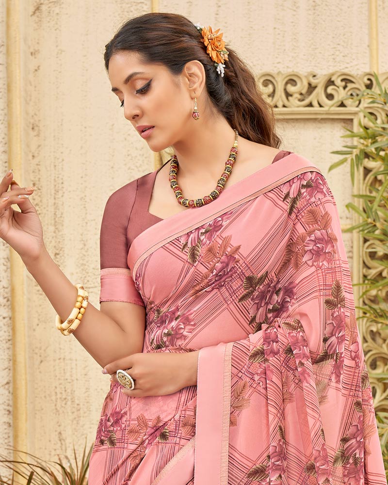 Vishal Prints Dusty Pink Printed Georgette Saree With Border