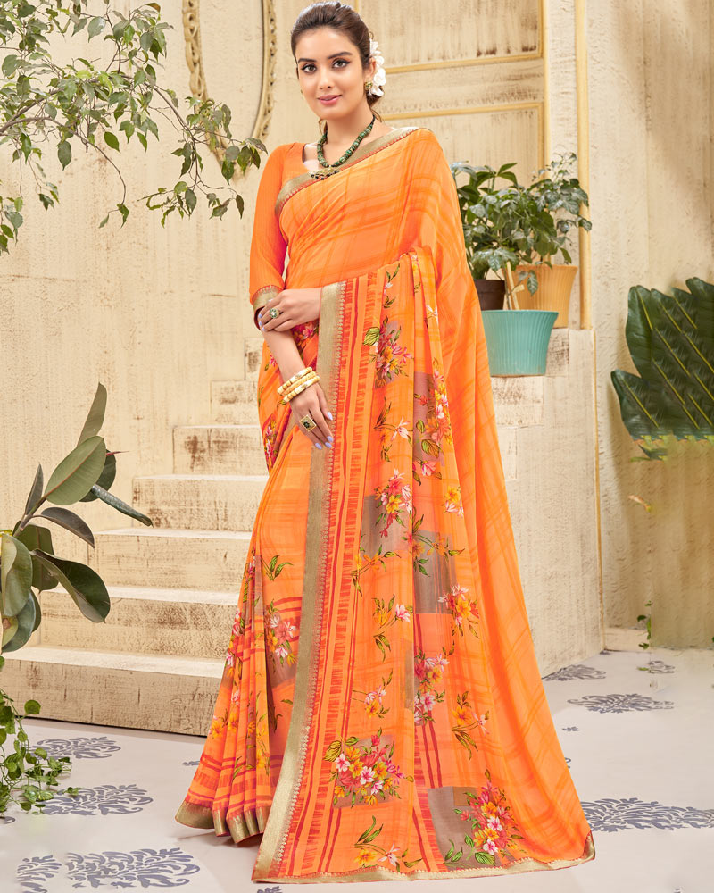 Vishal Prints Pastel Orange Printed Georgette Saree With Border