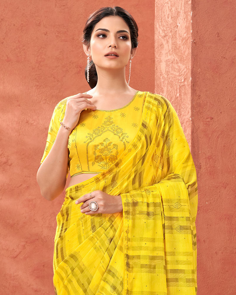 Vishal Prints Yellow Designer Fancy Chiffon Saree With Diamond Work And Core Piping