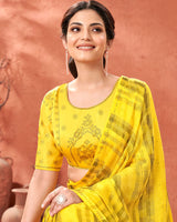 Vishal Prints Yellow Designer Fancy Chiffon Saree With Diamond Work And Core Piping