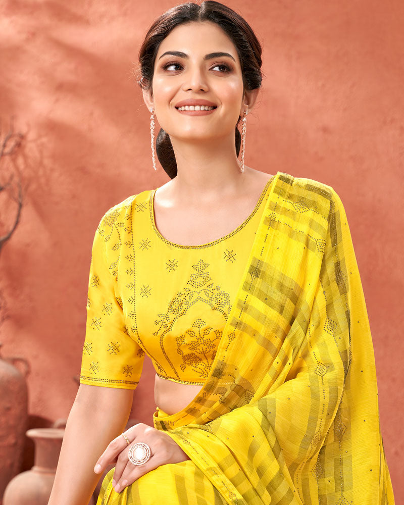 Vishal Prints Yellow Designer Fancy Chiffon Saree With Diamond Work And Core Piping