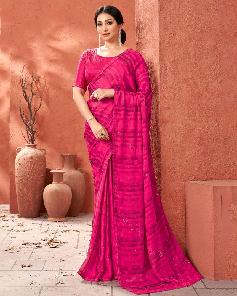 Vishal Prints Hot Pink Designer Fancy Chiffon Saree With Diamond Work And Core Piping