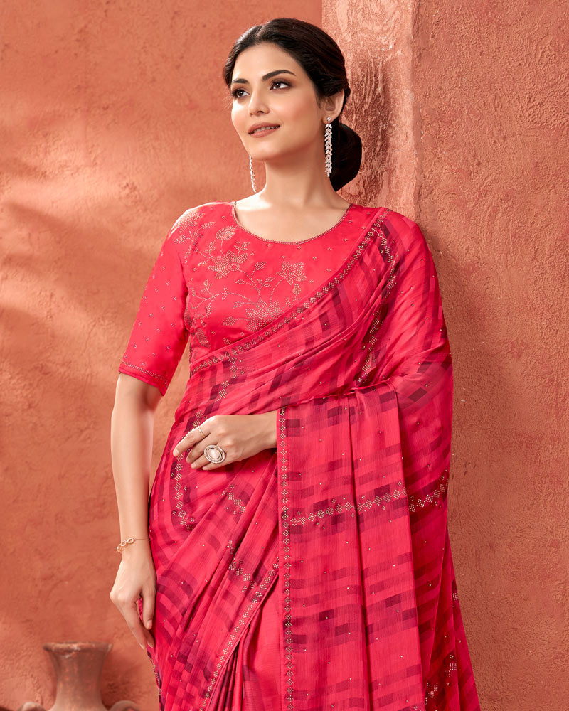 Vishal Prints Pinkish Red Designer Fancy Chiffon Saree With Diamond Work And Core Piping