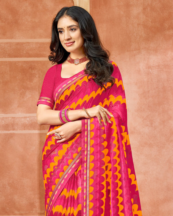 Vishal Prints Red Pink Printed Chiffon Saree With Foil Print And Fancy Border