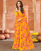 Vishal Prints Golden Yellow Printed Chiffon Saree With Foil Print And Tassel