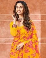 Vishal Prints Golden Yellow Printed Chiffon Saree With Foil Print And Tassel