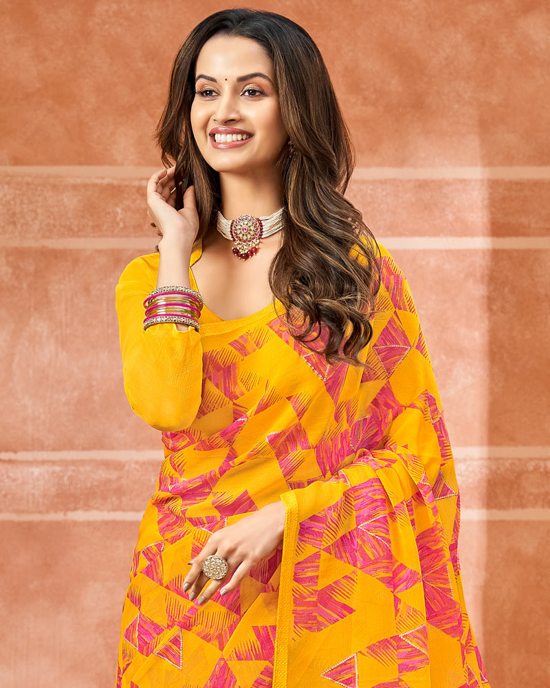 Vishal Prints Golden Yellow Printed Chiffon Saree With Foil Print And Tassel