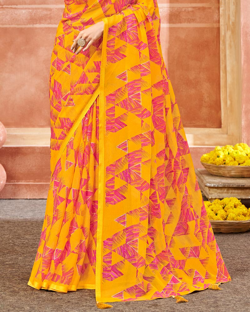 Vishal Prints Golden Yellow Printed Chiffon Saree With Foil Print And Tassel