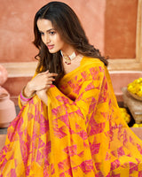 Vishal Prints Golden Yellow Printed Chiffon Saree With Foil Print And Tassel
