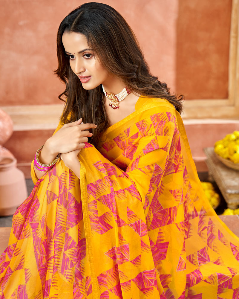 Vishal Prints Golden Yellow Printed Chiffon Saree With Foil Print And Tassel