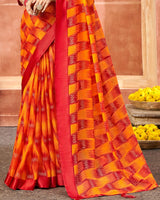 Vishal Prints Cherry Red Printed Chiffon Saree With Foil Print And Tassel