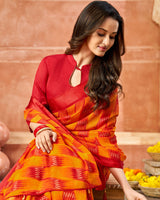 Vishal Prints Cherry Red Printed Chiffon Saree With Foil Print And Tassel