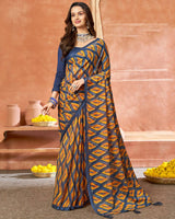 Vishal Prints Ink Blue Printed Chiffon Saree With Foil Print And Tassel