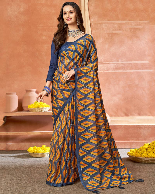 Vishal Prints Ink Blue Printed Chiffon Saree With Foil Print And Tassel