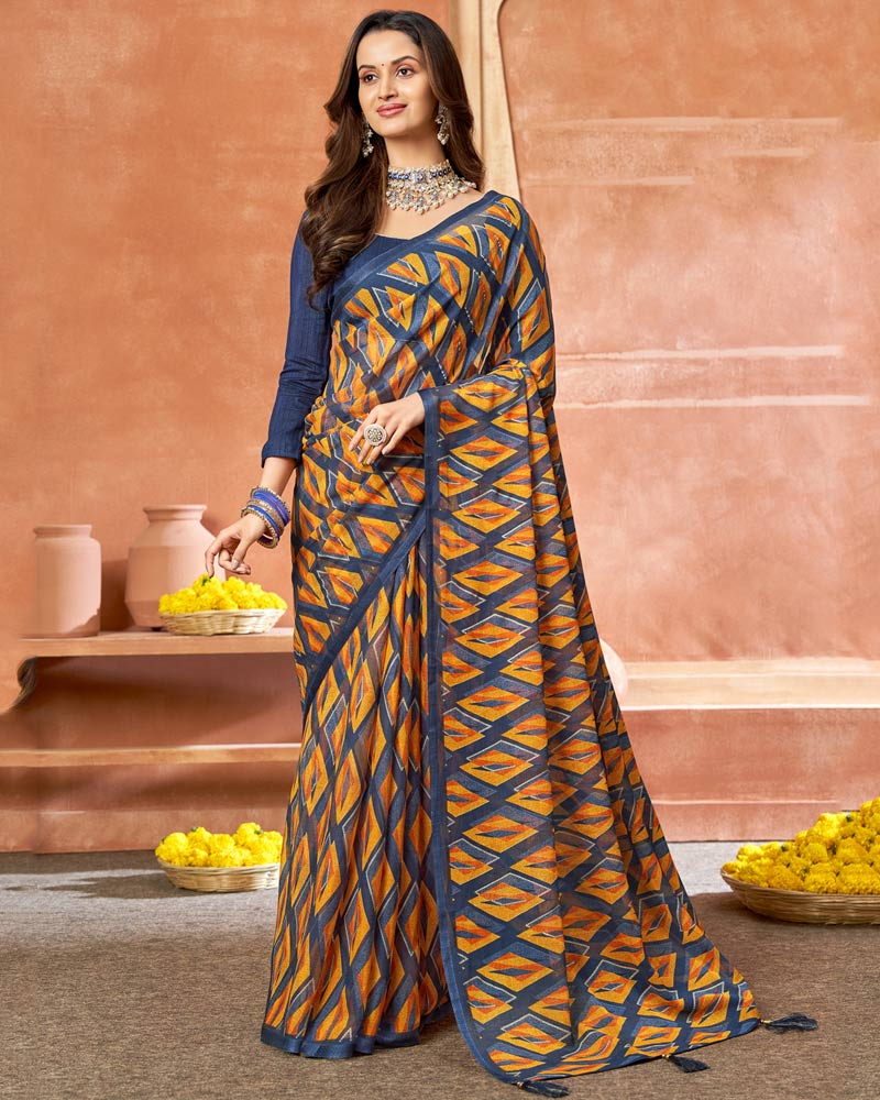 Vishal Prints Ink Blue Printed Chiffon Saree With Foil Print And Tassel