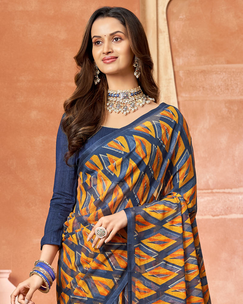 Vishal Prints Ink Blue Printed Chiffon Saree With Foil Print And Tassel