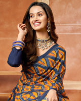 Vishal Prints Ink Blue Printed Chiffon Saree With Foil Print And Tassel