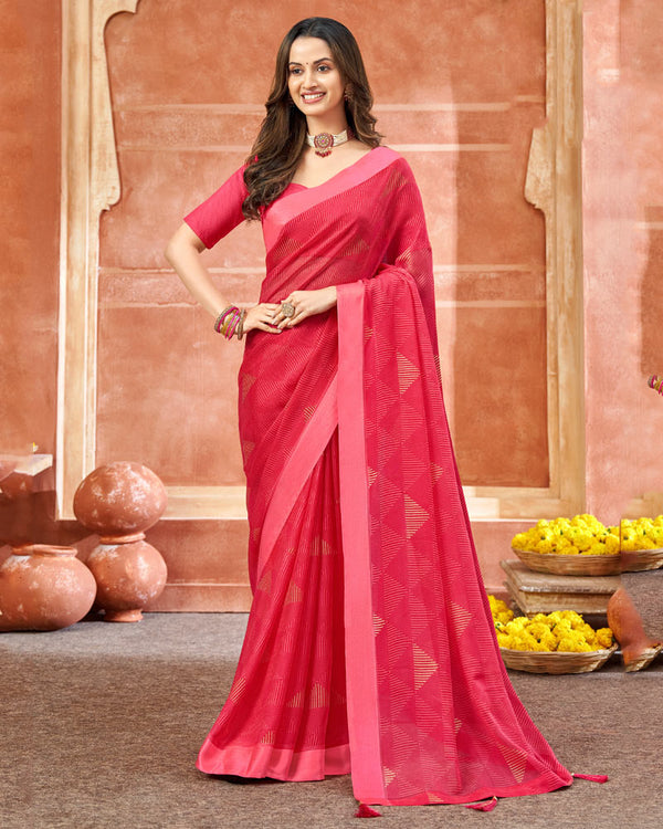 Vishal Prints Red Pink Printed Chiffon Saree With Foil Print And Tassel
