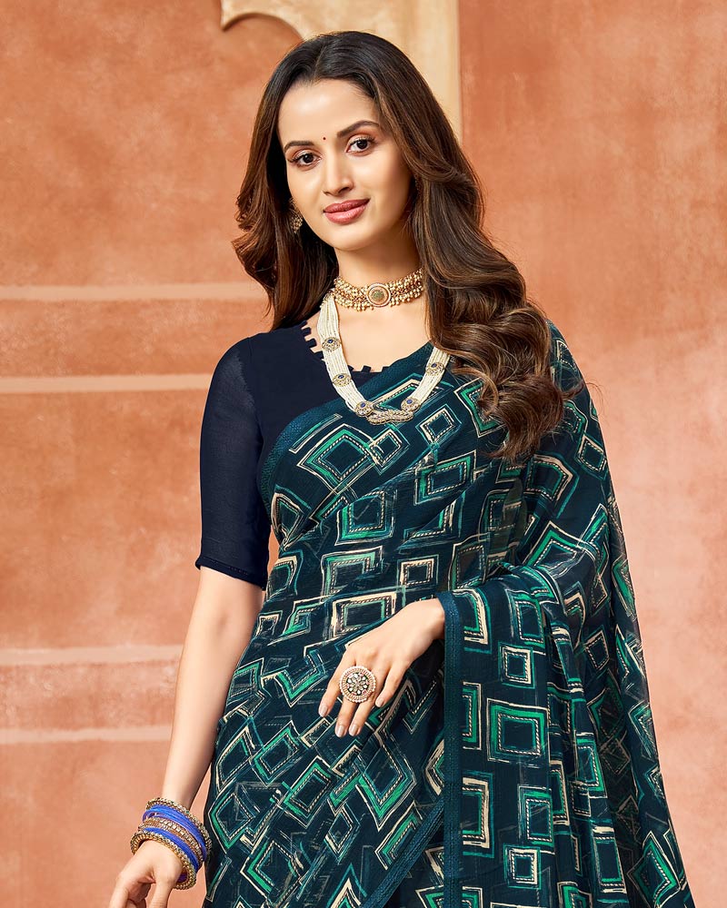 Vishal Prints Navy Blue Printed Chiffon Saree With Foil Print And Tassel