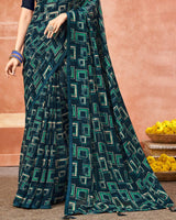Vishal Prints Navy Blue Printed Chiffon Saree With Foil Print And Tassel