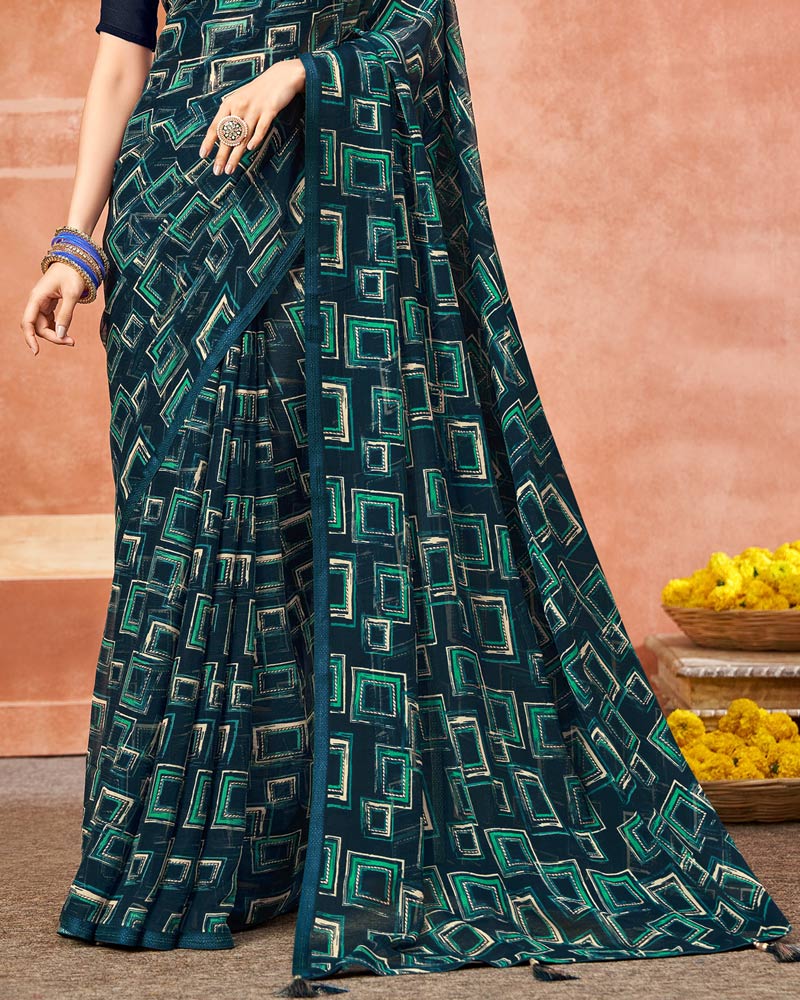 Vishal Prints Navy Blue Printed Chiffon Saree With Foil Print And Tassel