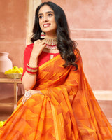 Vishal Prints Orange Printed Chiffon Saree With Foil Print And Tassel