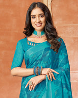 Vishal Prints Dark Turquoise Blue Printed Chiffon Saree With Foil Print And Tassel