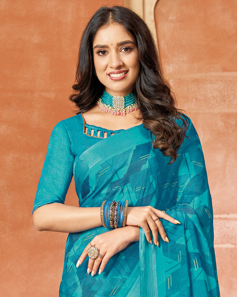 Vishal Prints Dark Turquoise Blue Printed Chiffon Saree With Foil Print And Tassel