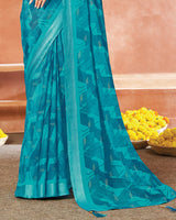 Vishal Prints Dark Turquoise Blue Printed Chiffon Saree With Foil Print And Tassel