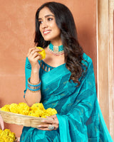 Vishal Prints Dark Turquoise Blue Printed Chiffon Saree With Foil Print And Tassel
