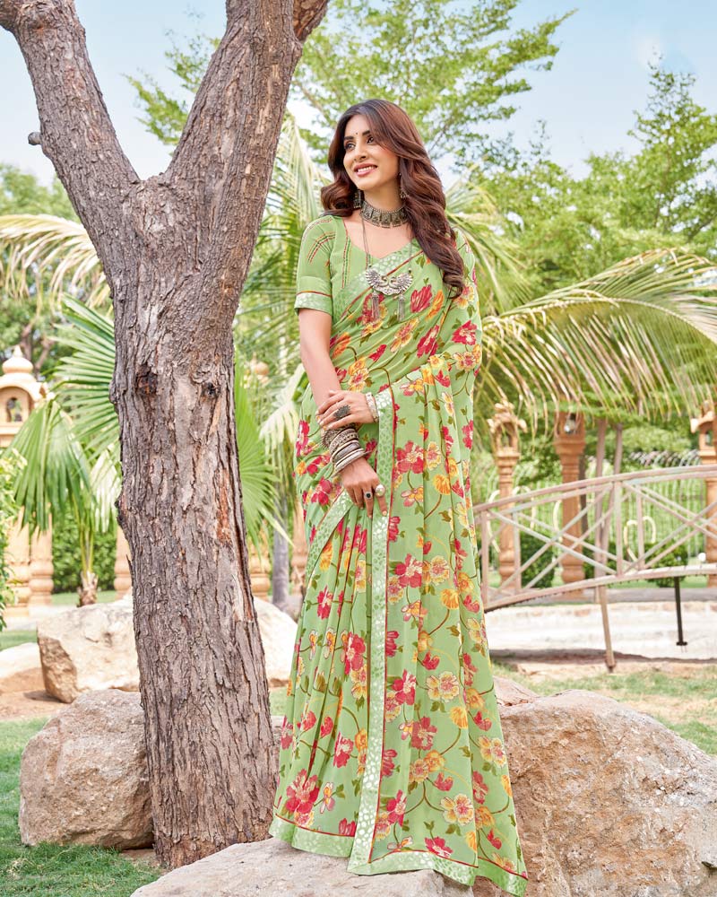 Vishal Prints Olivine Green Printed Georgette Saree With Fancy Border