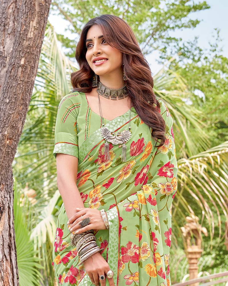 Vishal Prints Olivine Green Printed Georgette Saree With Fancy Border