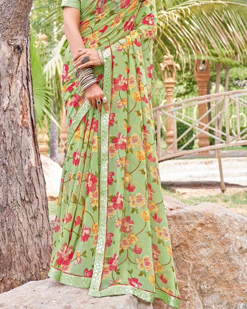 Vishal Prints Olivine Green Printed Georgette Saree With Fancy Border