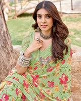 Vishal Prints Olivine Green Printed Georgette Saree With Fancy Border