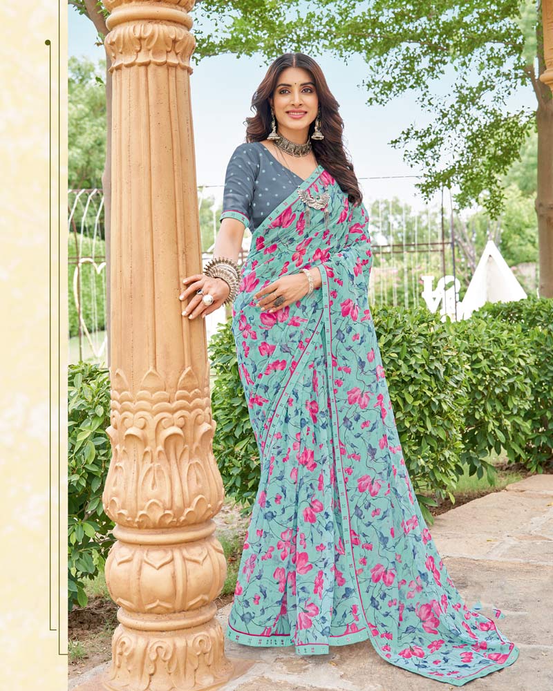 Vishal Prints Summer Green Printed Georgette Saree With Fancy Border