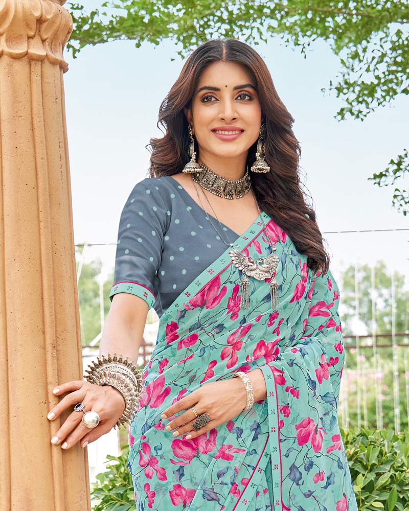 Vishal Prints Summer Green Printed Georgette Saree With Fancy Border