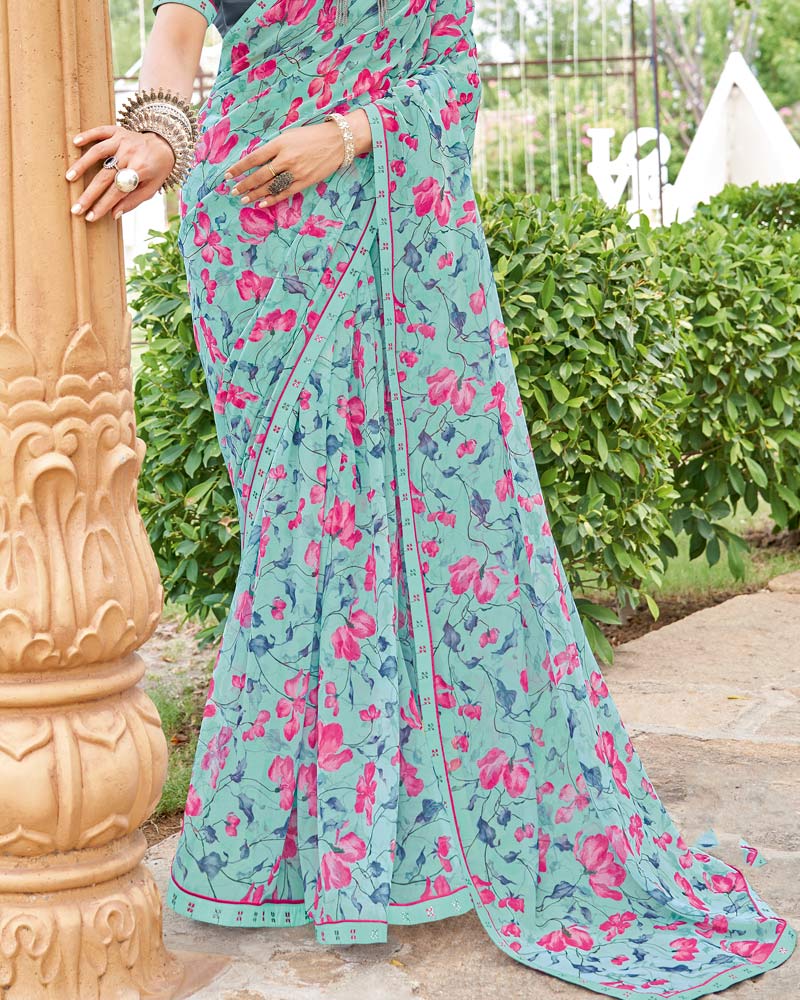 Vishal Prints Summer Green Printed Georgette Saree With Fancy Border