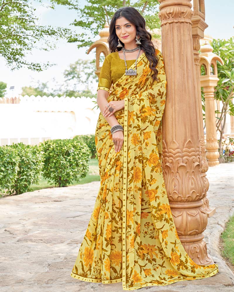 Vishal Prints Pastel Yellow And Mustard Brown Printed Georgette Saree With Fancy Border