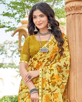 Vishal Prints Pastel Yellow And Mustard Brown Printed Georgette Saree With Fancy Border