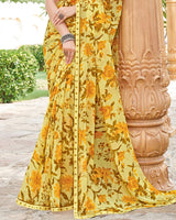 Vishal Prints Pastel Yellow And Mustard Brown Printed Georgette Saree With Fancy Border