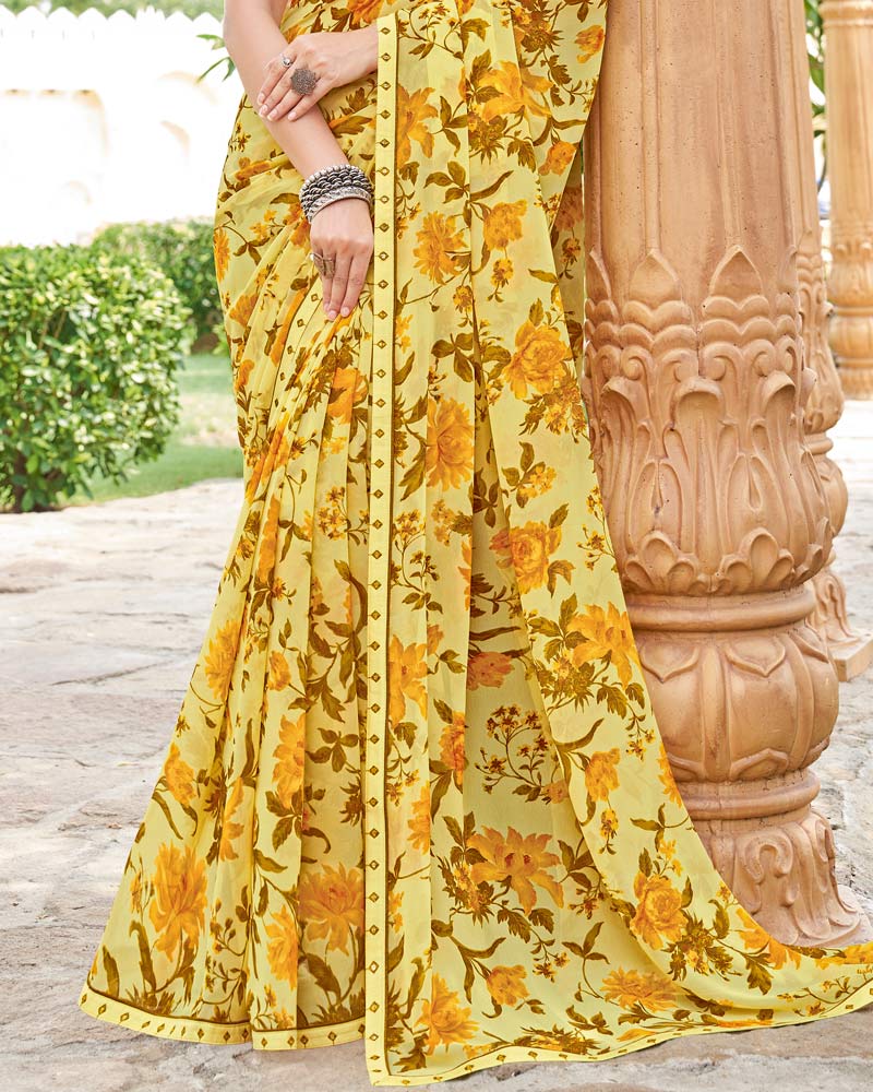Vishal Prints Pastel Yellow And Mustard Brown Printed Georgette Saree With Fancy Border