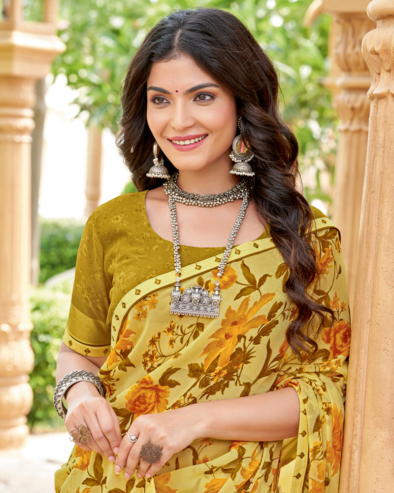 Vishal Prints Pastel Yellow And Mustard Brown Printed Georgette Saree With Fancy Border