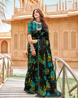 Vishal Prints Midnight Black Printed Georgette Saree With Fancy Border