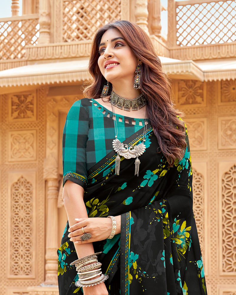 Vishal Prints Midnight Black Printed Georgette Saree With Fancy Border