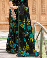 Vishal Prints Midnight Black Printed Georgette Saree With Fancy Border